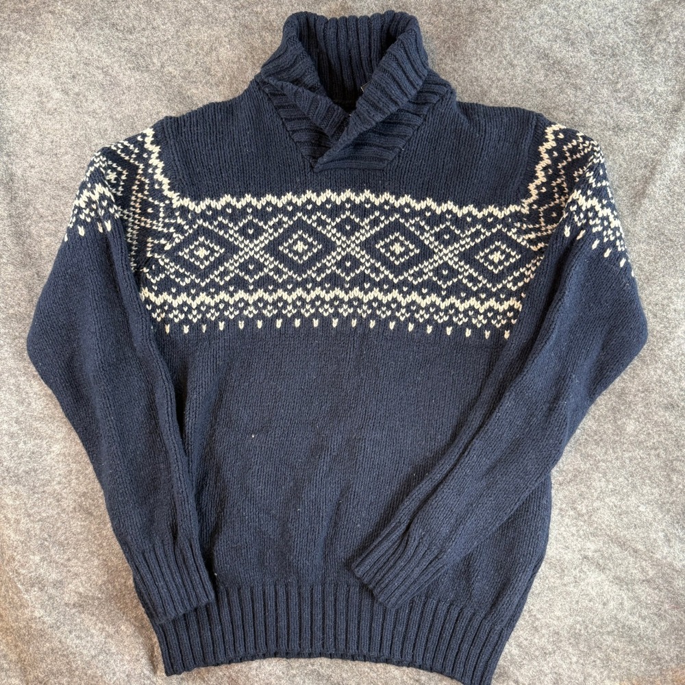 Old Navy Shawl Collar WOOL Sweater Mens Medium Navy Blue Fair Isle Knit COTTON